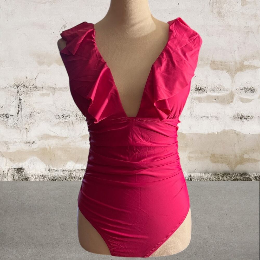 J. Crew Women's Pink Ruched Ruffle One-Piece Swimsuit Size 4 - Picture 2 of 6